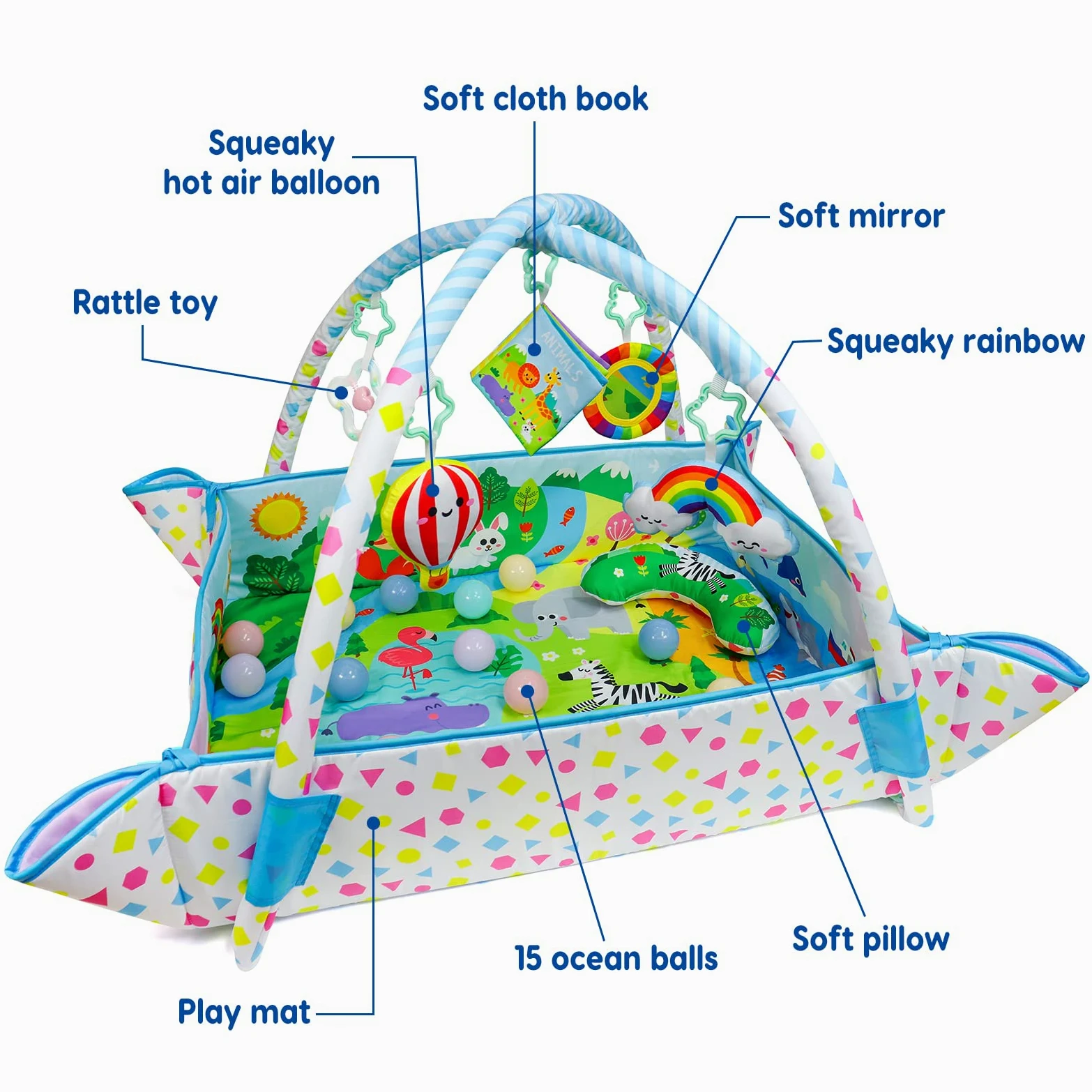 Dr.Rapeti Spieldecke mit Spielbogen, Spieldecke, Spieldecke mit Bällebad, Krabbeldecke mit Spielbogen, Padded Mat for Newborns, Mit abnehmbarem Spiegel, Stoffbuch, Spielzeug und Ball for 0+