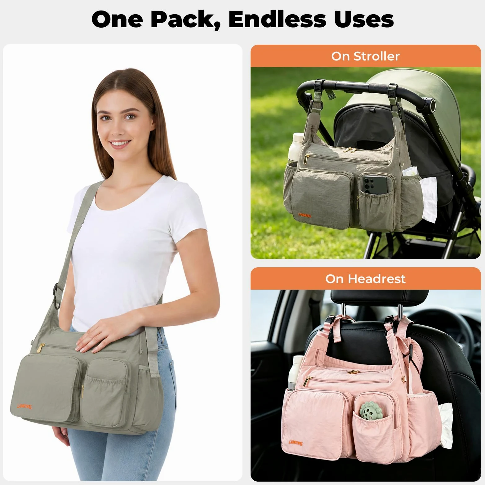 Puffy Wickeltasche 2-in-1 Kinderwagen Organizer & Umhängetasche, 13L leichte Reisetasche Baby Damen, multifunktionale Buggy Tasche als Wickelrucksack-Alternative, Eukalyptusgrau