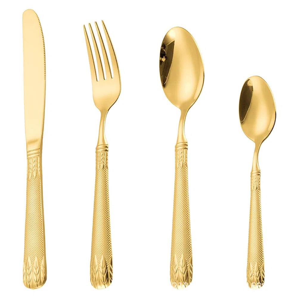 Edelstahlbesteck Besteckset, 24-teiliges Besteckset aus Edelstahl for 6 Personen mit Griffen in Weizenmuster, einschließlich Steakmessern, Gabeln und Besteck, spülmaschinenfest, Gold-Finish