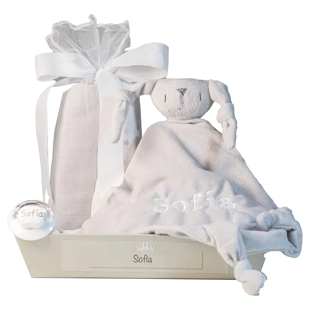Doudou, Musselin und Schnuller-Set Grau. Wertvolles personalisiertes Geschenk zur Geburt. (0/6 Monten) | BebeDeParis