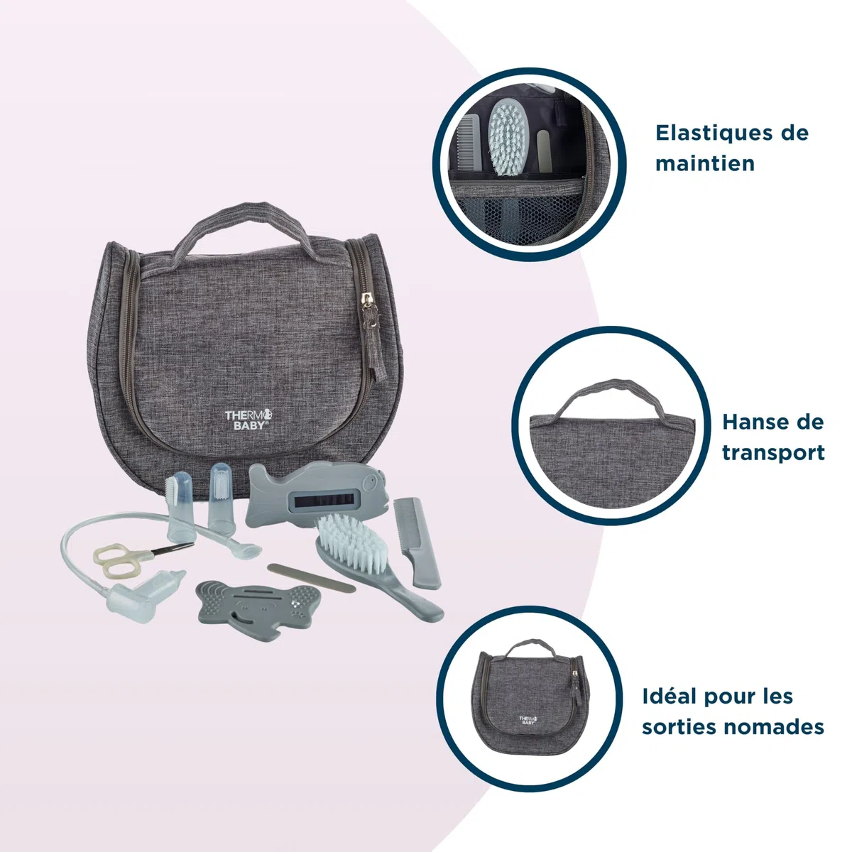 THERMOBABY Pflegeset mit 9 Zubehörteilen – Thermometer – Bürste – Kamm – Schere – Feile – Beißring – Fliege Baby – Fingerbürste – ab der Geburt