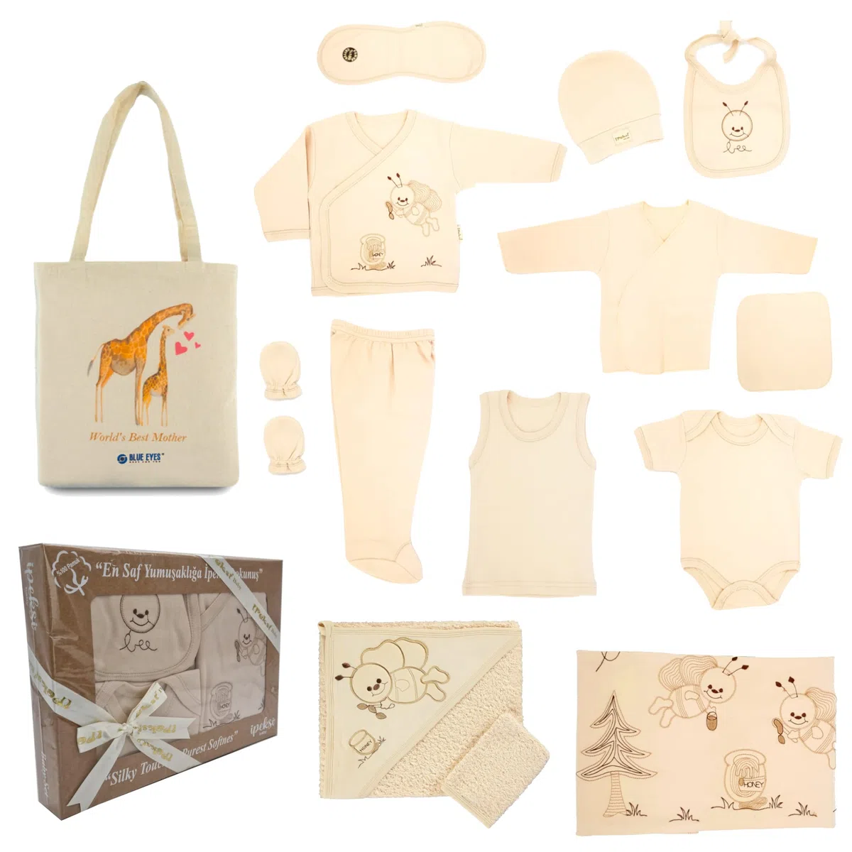 Blue Eyes Neugeborenen Baby Set 100% natürliche Baumwolle Erstausstattung Erstlingsausstattung Ausstattung Unisex Kleidung Geschenkset Badetuch mit 14 Teilig für Babys 0-4 Monate, mit Geschenketiket