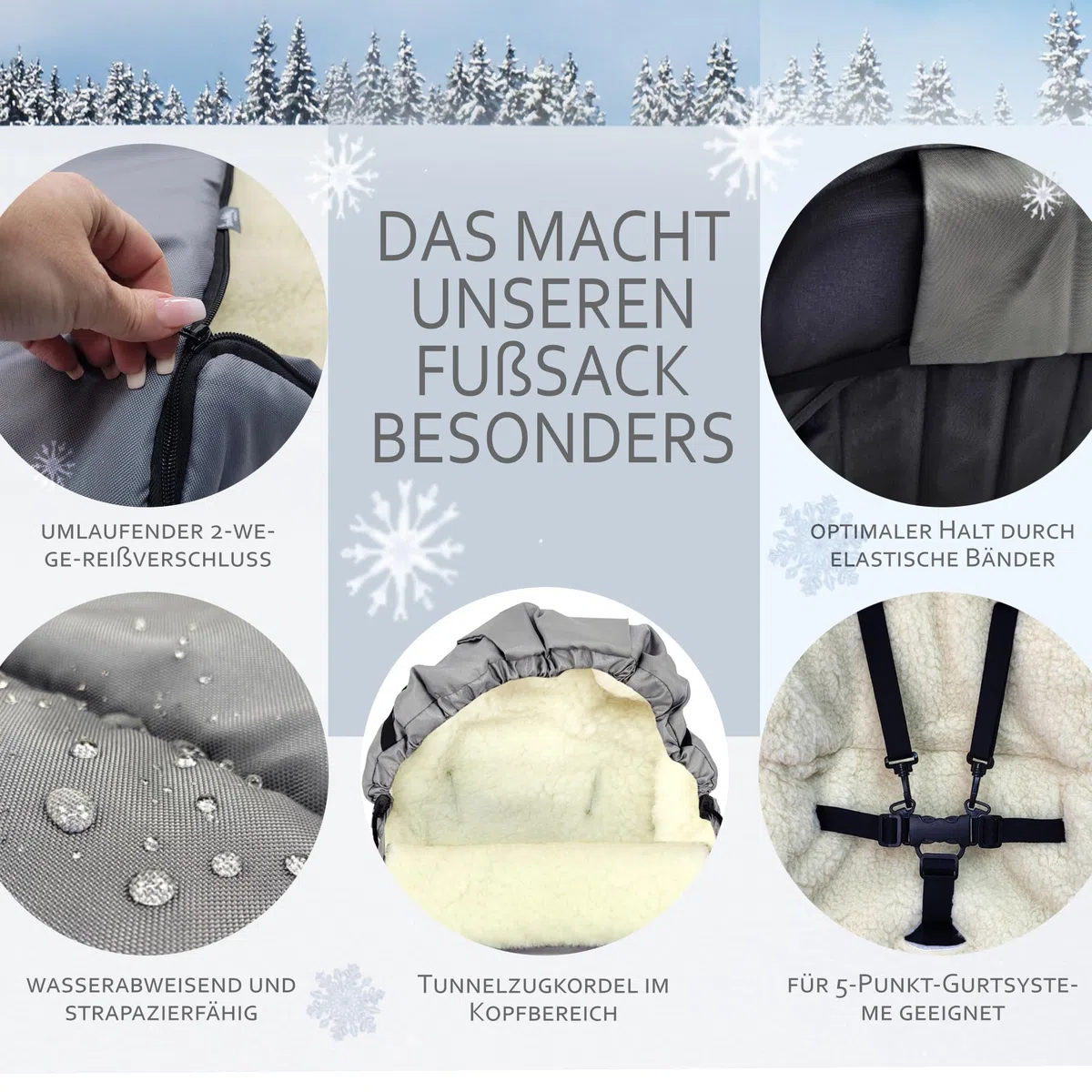 Kombi-Angebot [Holz-Schlitten + universaler Winterfußsack 108cm] Rodel mit Rückenlehne und Zugseil Fußsack geeignet für Babyschale Kinderwagen Buggy mit Lammwolle (schwarz (108cm))