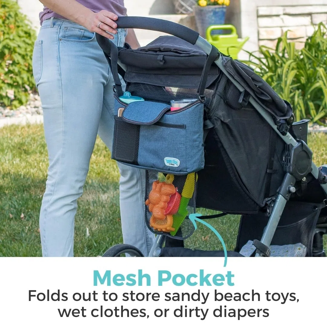 Toddleroo by North States Kinderwagen-Organizer: Universal-Kinderwagen-Caddy mit Getränkehalter, verstellbare Aufbewahrung, Marineblau