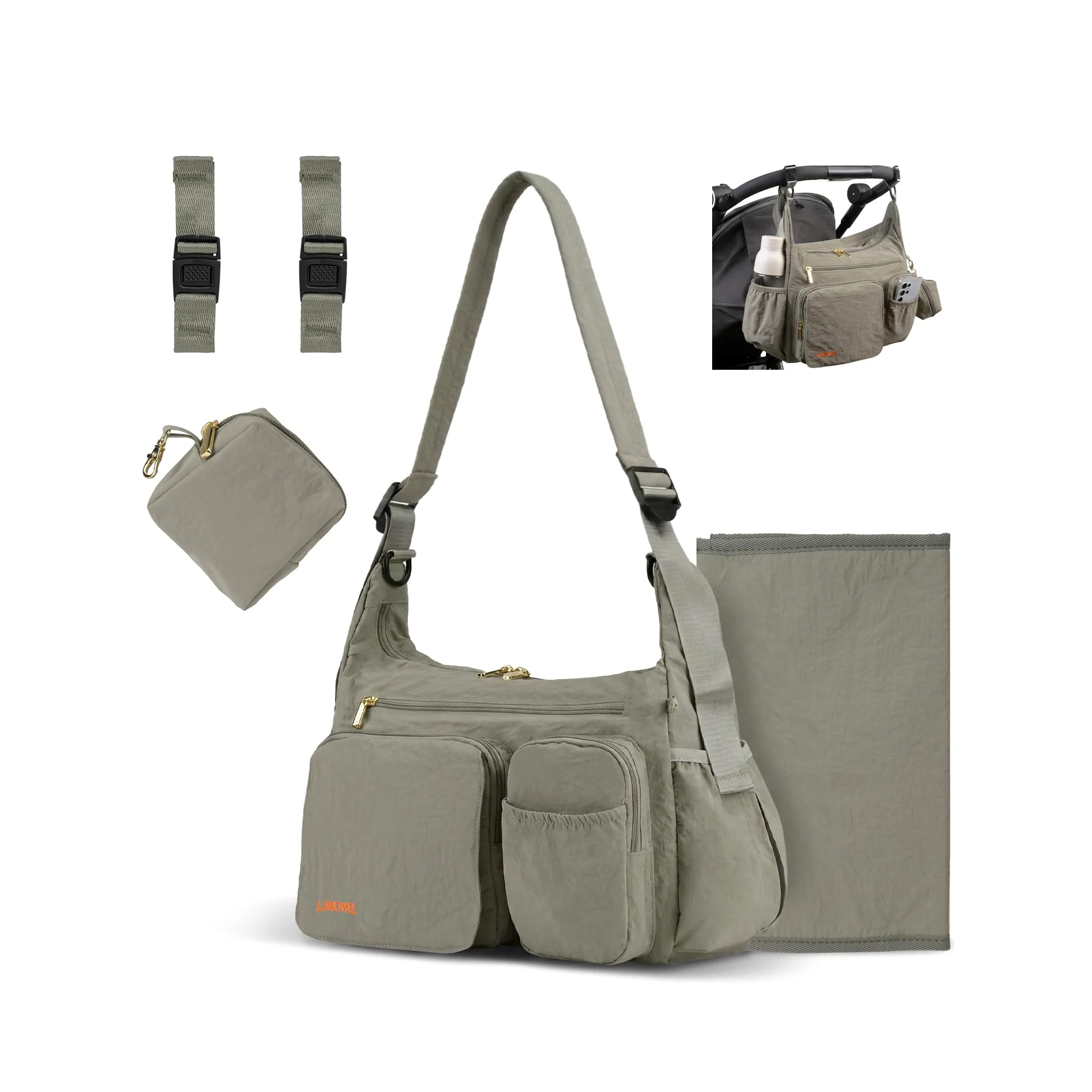 Puffy Wickeltasche 2-in-1 Kinderwagen Organizer & Umhängetasche, 13L leichte Reisetasche Baby Damen, multifunktionale Buggy Tasche als Wickelrucksack-Alternative, Eukalyptusgrau