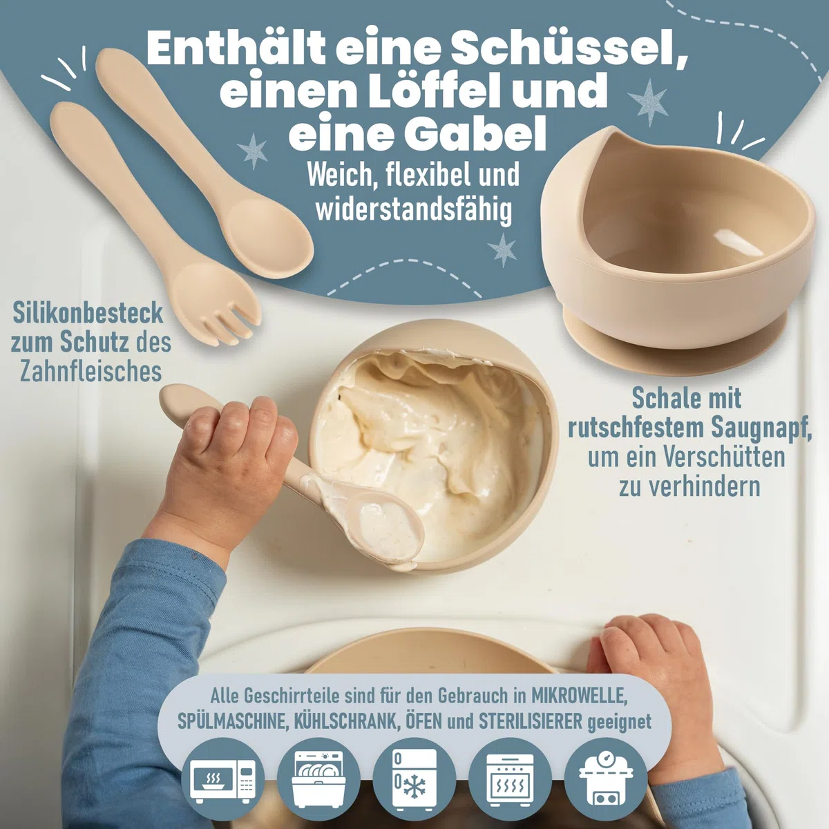 Kindergeschirr set aus Silikon mit Transport oder Aufbewahrungstasche - Kinderbesteck ab 1 jahr - Beikost baby zubehör - Fruchtsauger Baby - Esslernlöffel Baby mit Squeeze Flasche