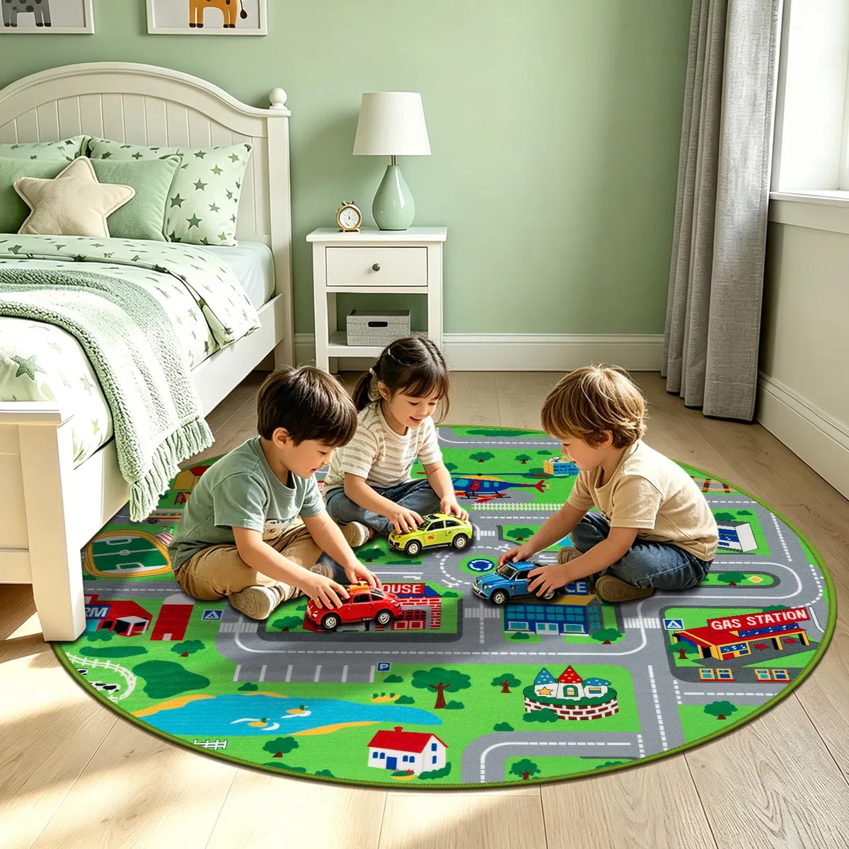 Capslpad Kinder Spielmatte ø120cm rutschfeste Kinderteppich Spielmatte für Spielzeugautos Waschbar Stadt Straßen Kinder Spielteppich Interaktives Auto Teppich für Kinde Spielzimmer Schlafzimmer Dekor