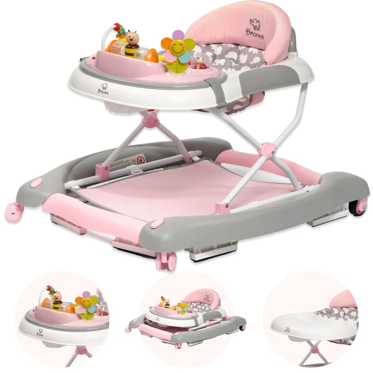 4-in-1 Gehfrei Babywalker ab 6 Monate | Lauflernwagen mit Schaukelfunktion und Spielpaneel mit Musik | Höhenverstellbare und Klappbar | Lauflernhilfe mit leisen Rollen und Bremsen