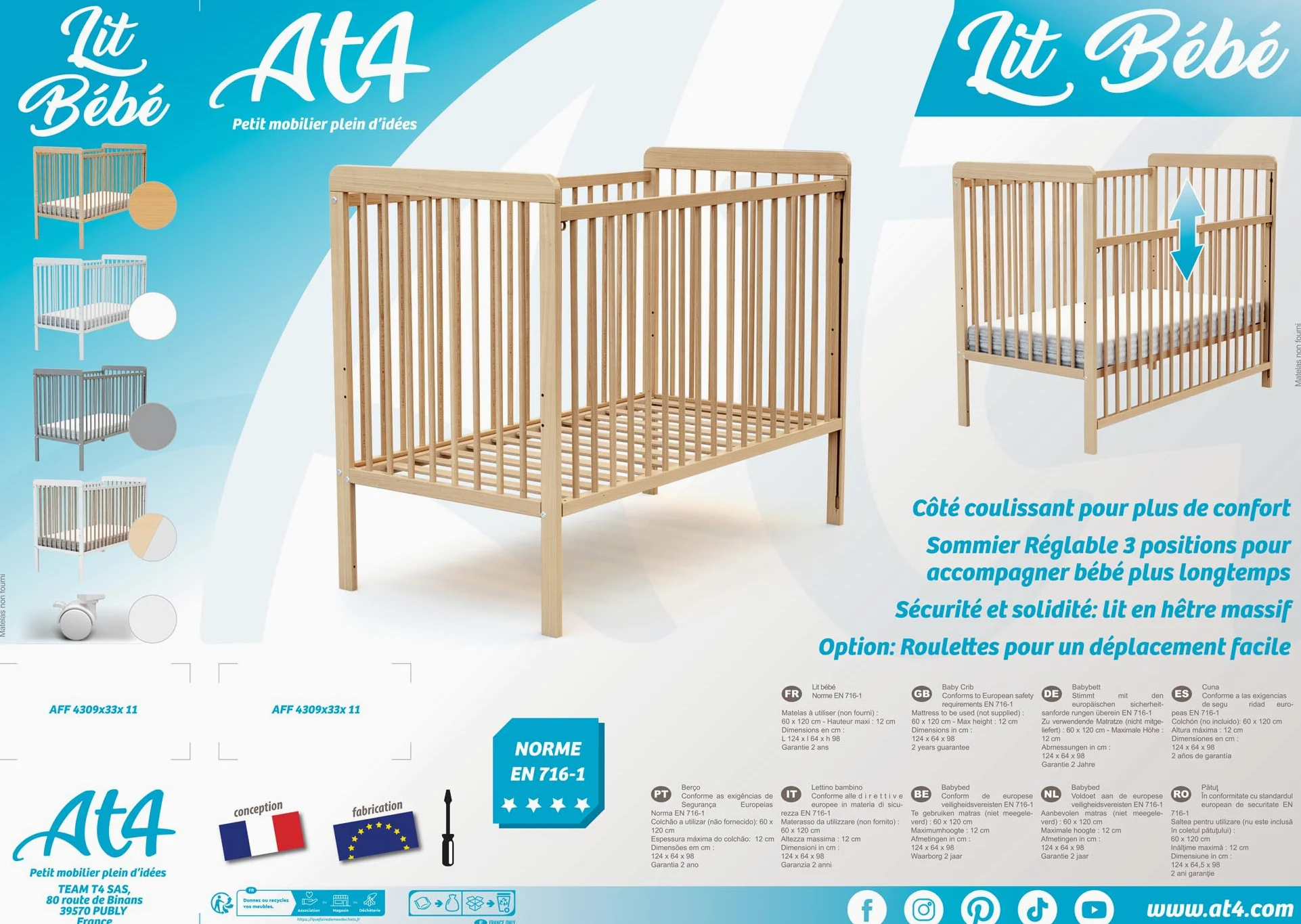 AT4 - Babybett Holz mit Matratze 60x120 ESSENTIEL Weiß | Kinderbett | Mit 4 rollen | Mit Verstellbarer Lattenrost 3 stufen