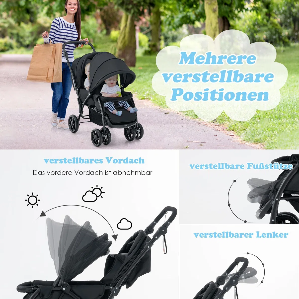 DREAMADE Geschwisterwagen 2 in 1, Doppelkinderwagen Faltbar, Babywagen mit Doppelsitz, Grau