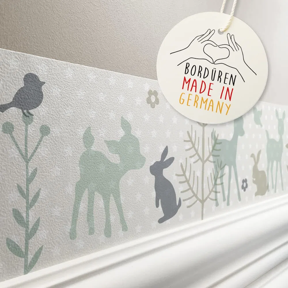 Bordüre selbstklebend HÄSCHEN & REHE MINT/GRAU/BEIGE - Wandbordüre Kinderzimmer / Babyzimmer mit Hase und Reh - Wandtattoo Schlafzimmer Mädchen & Junge, Wanddeko Baby / Kinder