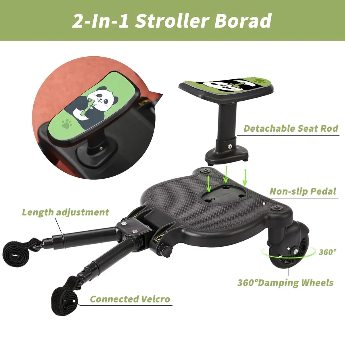 Buggy Board mit Sitz, BuggyBoard, Kinderwagen Board, trittbrett für kinderwagen universal, kompatibel mit fast jedem Buggy und Kinderwagen, Tragfähigkeit 25kg (schwarze Räder)