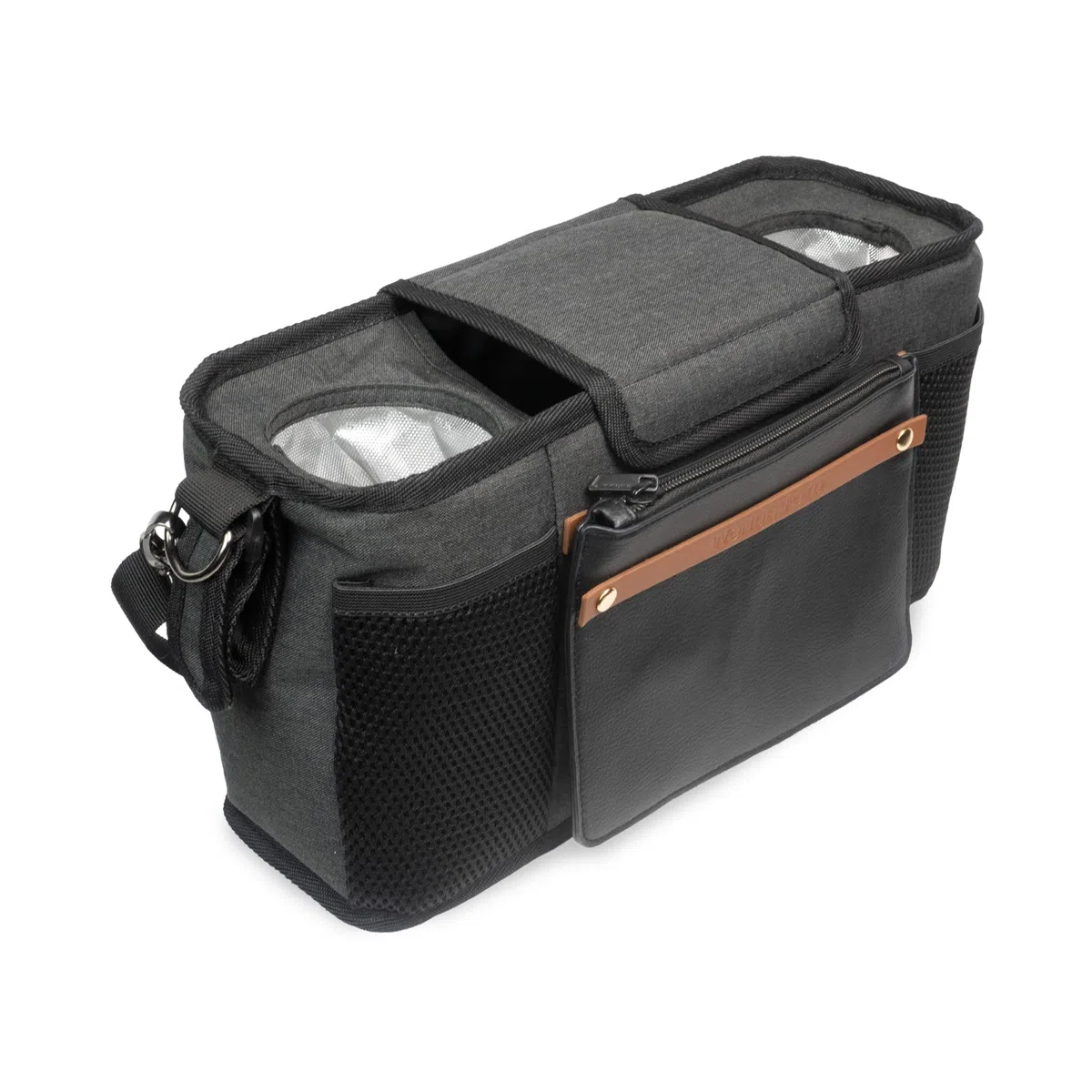 WONDERFOLD Kinderwagen-Organizer mit isolierten Getränkehaltern, Klettverschluss-Griffbefestigung, 2 Aufbewahrungstaschen und abnehmbarem Schultergurt für einfachen Transport