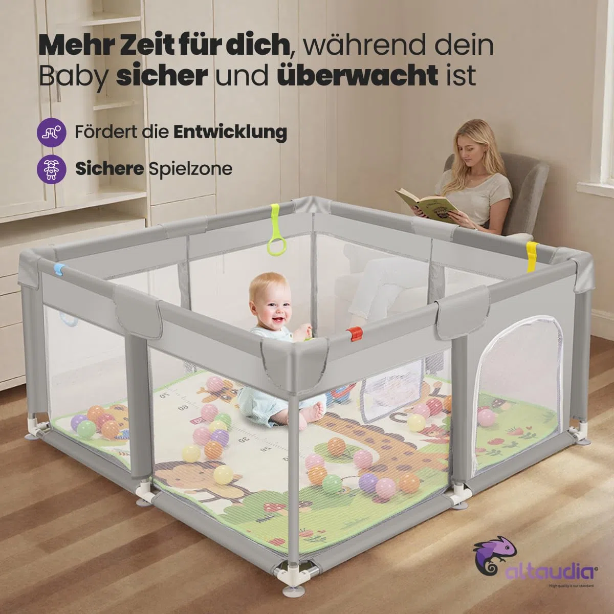 Baby-Laufstall 120 x 120 cm + Baby-Teppich + 50 Bälle + Transporttaschen – Baby-Laufstall mit atmungsaktivem Netz – Lustiger Spielplatz für Babys – Grau