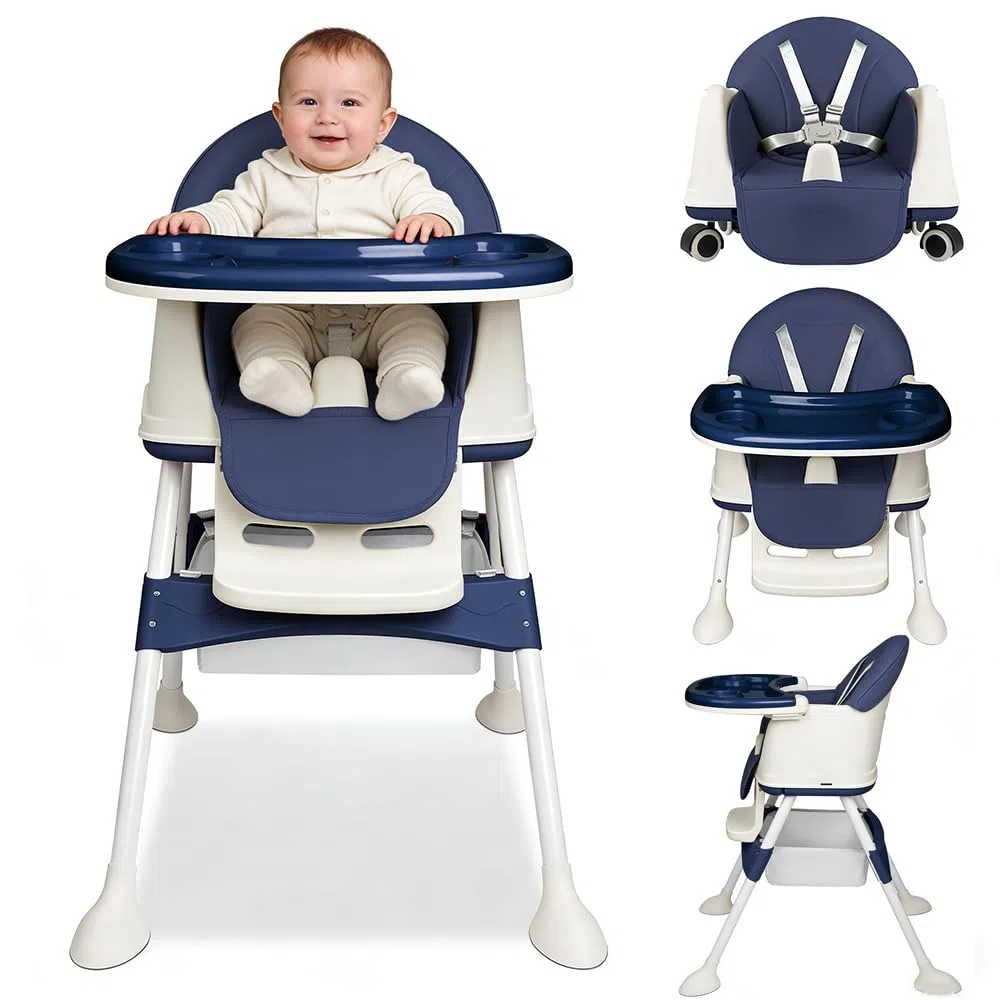 Baby Hochstuhl 4in1, Kinderhochstuhl Multifunktionaler Verstellbar, Babystuhl hochstühle mit Tablett Abnehmbares und Rollen, kinderstuhl Mitwachsender mit 5-Punkt-Gurt, Kinder Essstuhl Stuhl, Blau