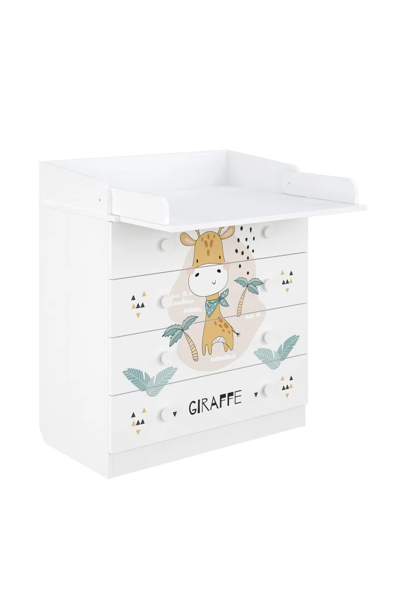 Shefa 800 Kids Baby Changing Table White Giraffe Chest of Drawers with 4 Drawers and Changing Unit