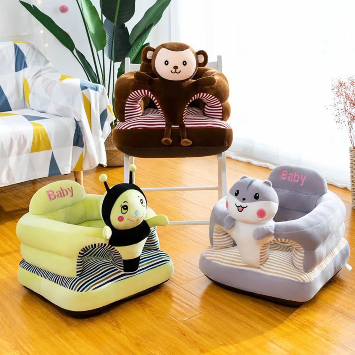 Babysitz für 3–24 Monate, Bodenstuhl mit Rückenstütze, Plüsch-Cartoon-Tiere, tragbarer Aktivitätssitz (Hamster)
