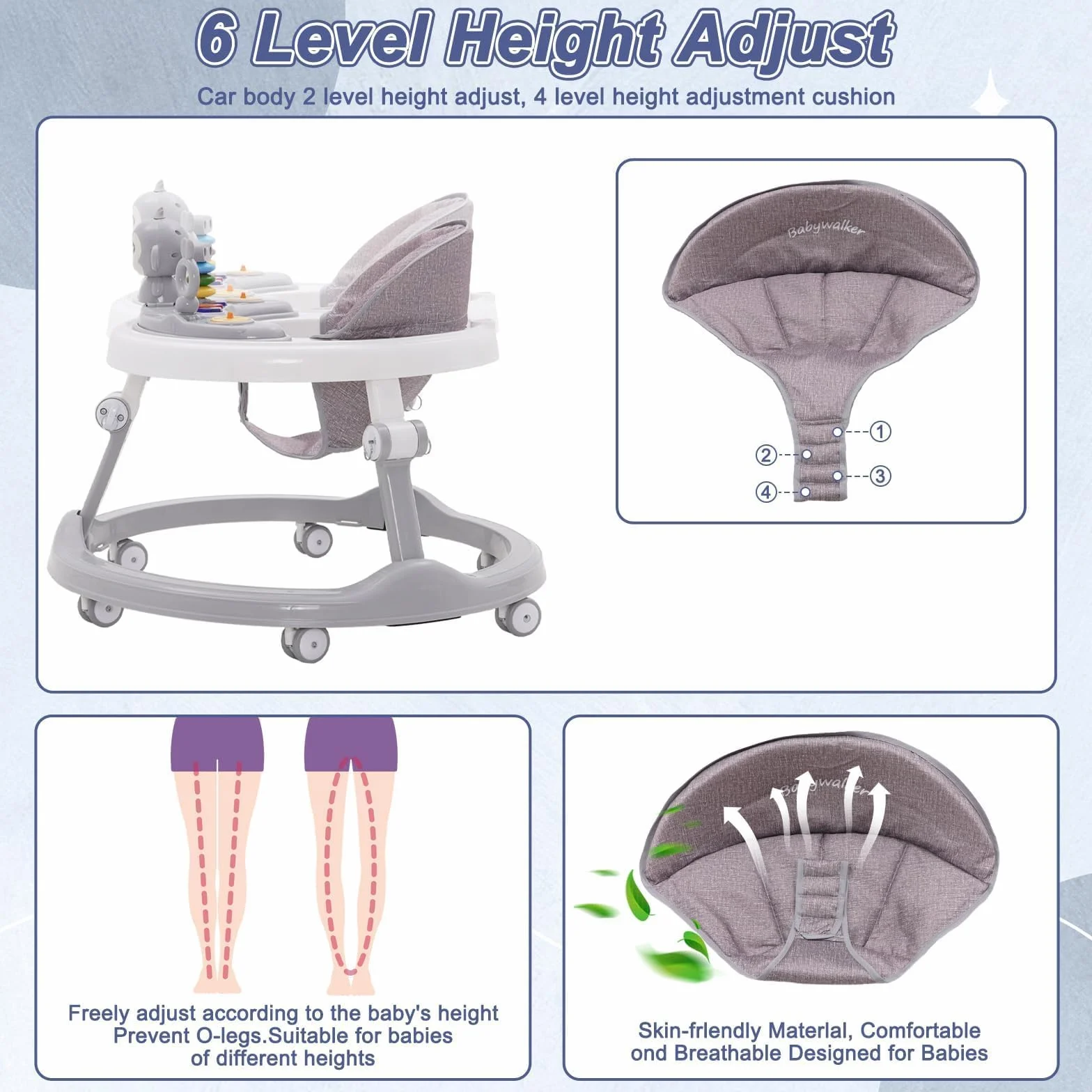 Lauflernhilfe Babywalker 5in1,mit Musikalisches Spielzeug und Herausnehmbarem Essteller,360-Grad-Rädern ohne Geräuschentwicklung,Faltbare Lauflernwagen Laufhilfe babys ab 0+ Klappbar Grau