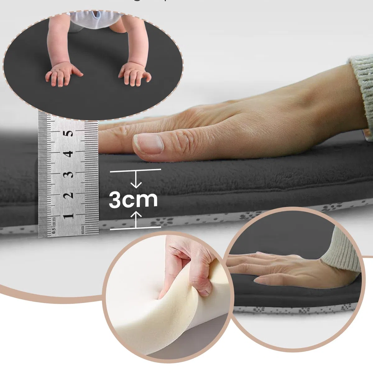 3cm Dicke Krabbelmatte Baby, Spielmatte Baby 100 x 100 cm Dunkelgrau Teppich für Kinderzimmer mit Memory-Schaum, Rutschfester Unterseite Krabbeldecke, Kinderteppich, spielteppich Kinder