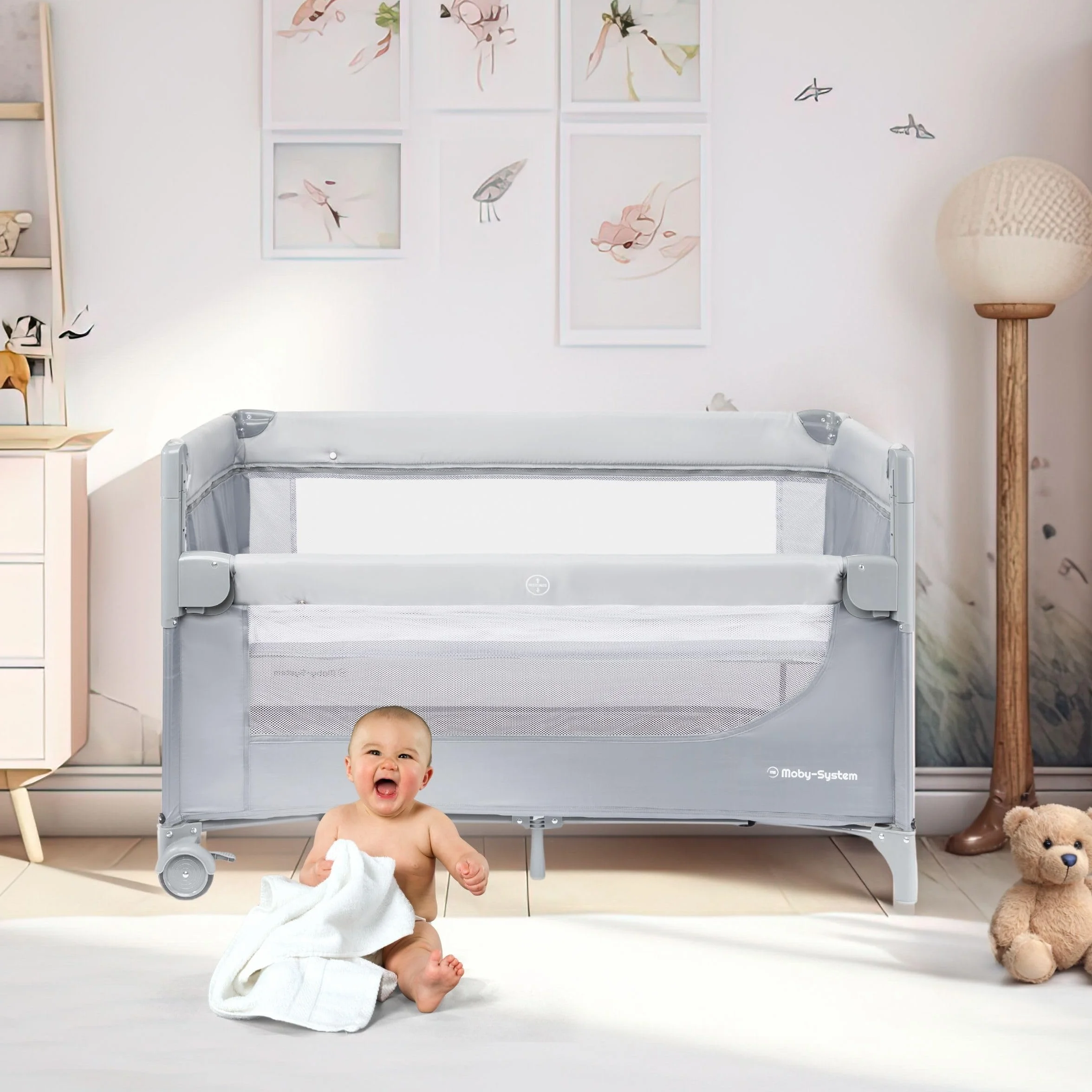 Moby-System Closely 3in1 Beistellbett Baby - Reisebett Baby mit Wickelauflage, Matratze, Transporttasche - Höhenverstellbares Beistellbett, Laufstall (6 Teile)