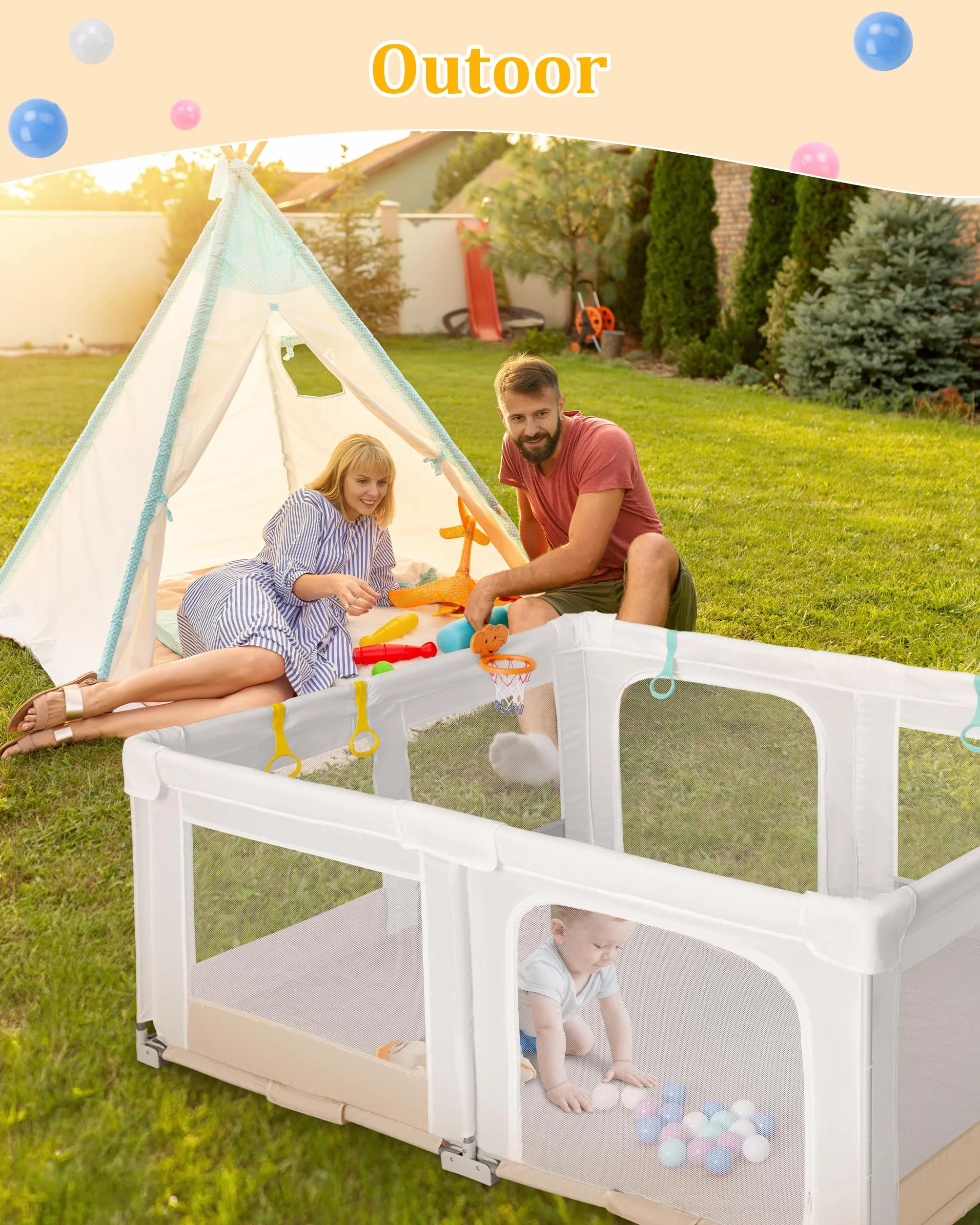 Großer und Faltbarer Laufstall für Baby: 180 x 150 x 75 cm Playpen,für Drinnen und Draußen,mit 20 Bällen,1 Basketballkorb,4 Griffen und 1 Reisetasche – Idealer Spielbereich für Kinder