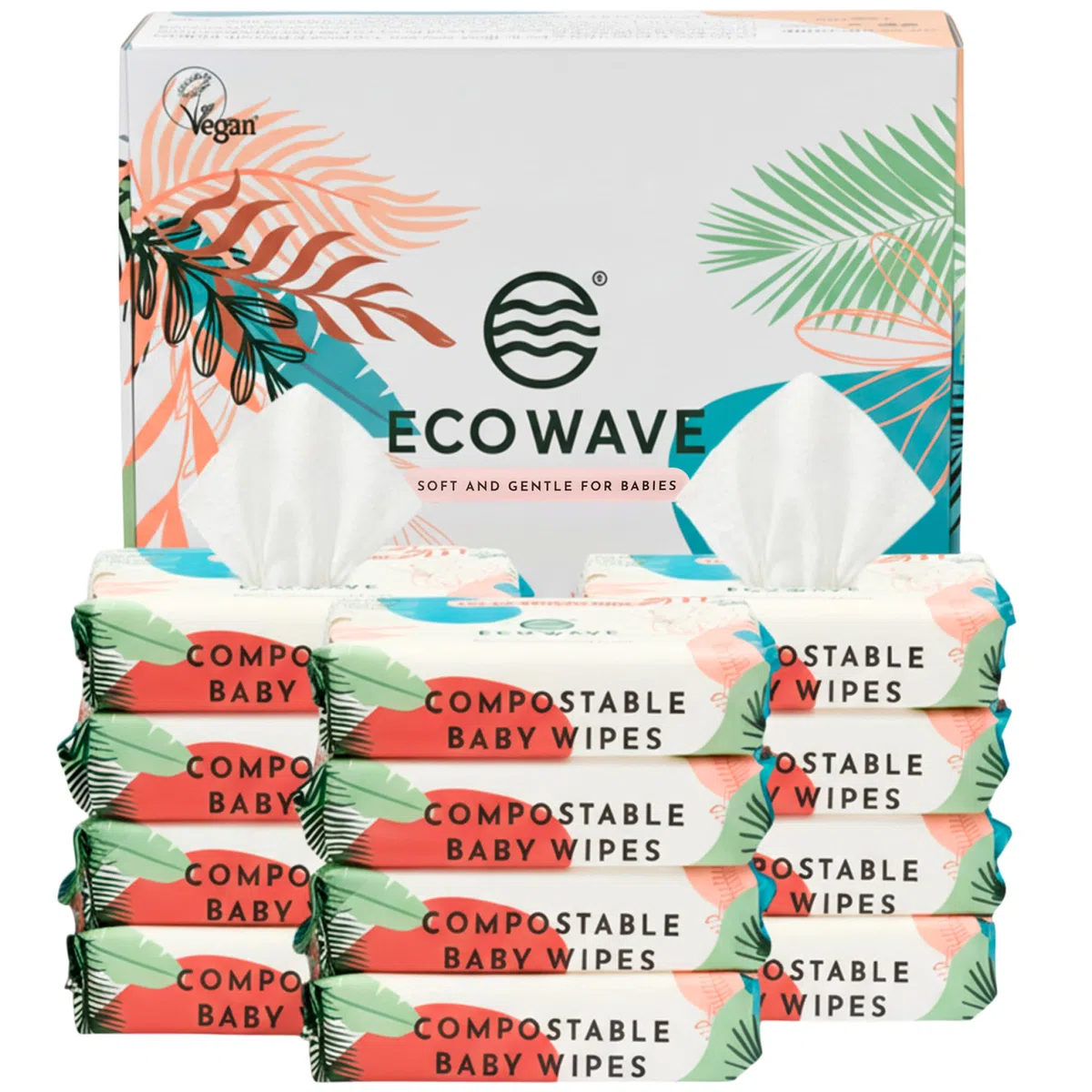 Eco Wave Baby Feuchttücher, 100% kompostierbare umweltfreundliche Bambus-Tücher, geruchlos, hypoallergen, vegan, alkoholfrei, geeignet für empfindliche Haut