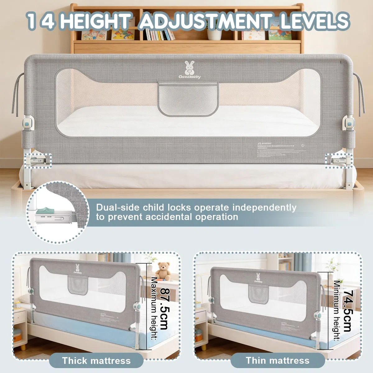 Verdego 2er-Set Rausfallschutz Bett 150 cm, Rausfallschutz Boxspringbett Klappbar, 300D Oxford Stoff, Bettschutzgitter Höhenverstellbar, Bettgitter Rausfallschutz Einfache Montage, Grau