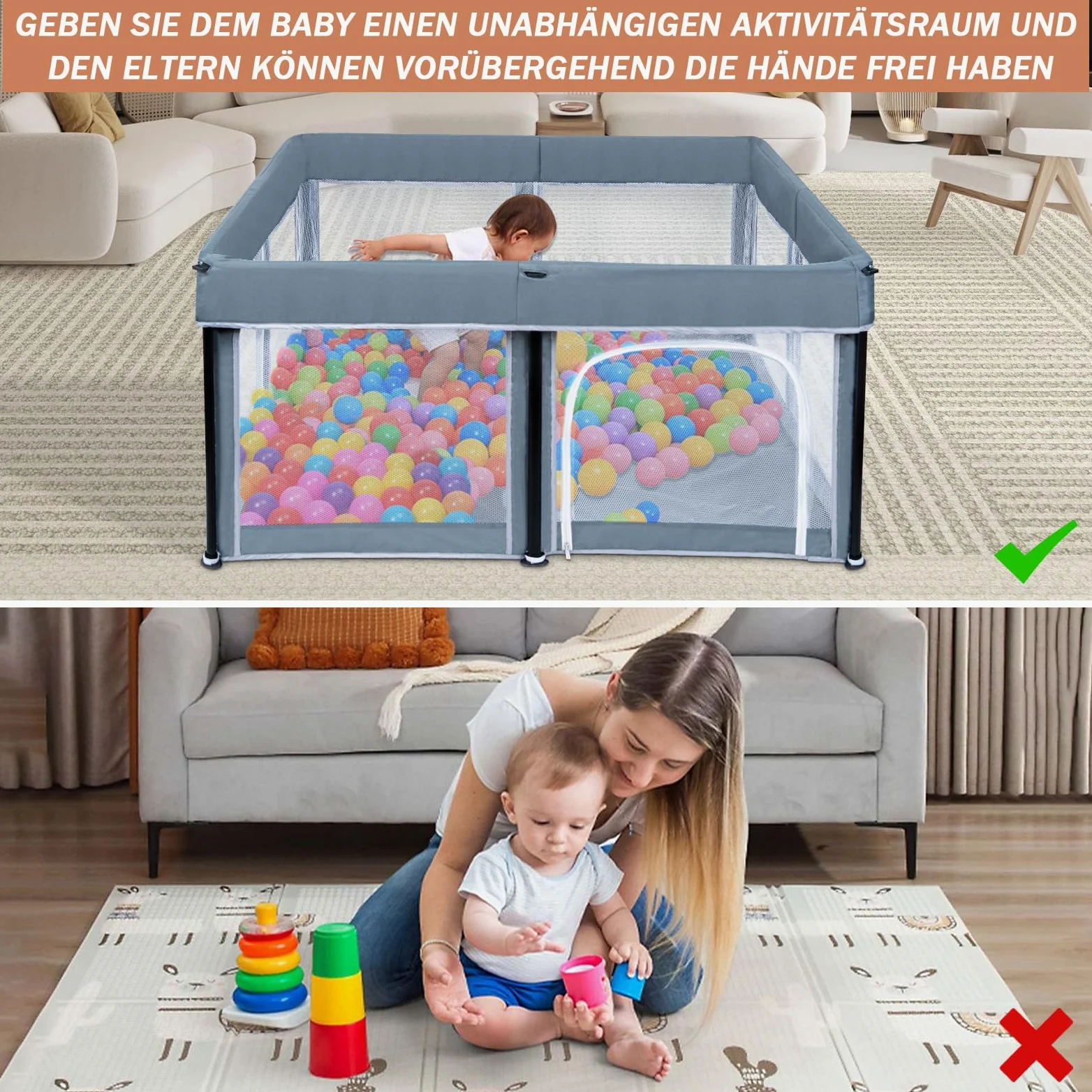 OUUTMEE Laufstall Baby Laufgitter 127 x 127 cm Faltbarer Baby-Spielzaun, 150D Oxford Indoor- und Outdoor-Spielzaun mit Aufbewahrungstasche, Playpen (Dunkelgrau)