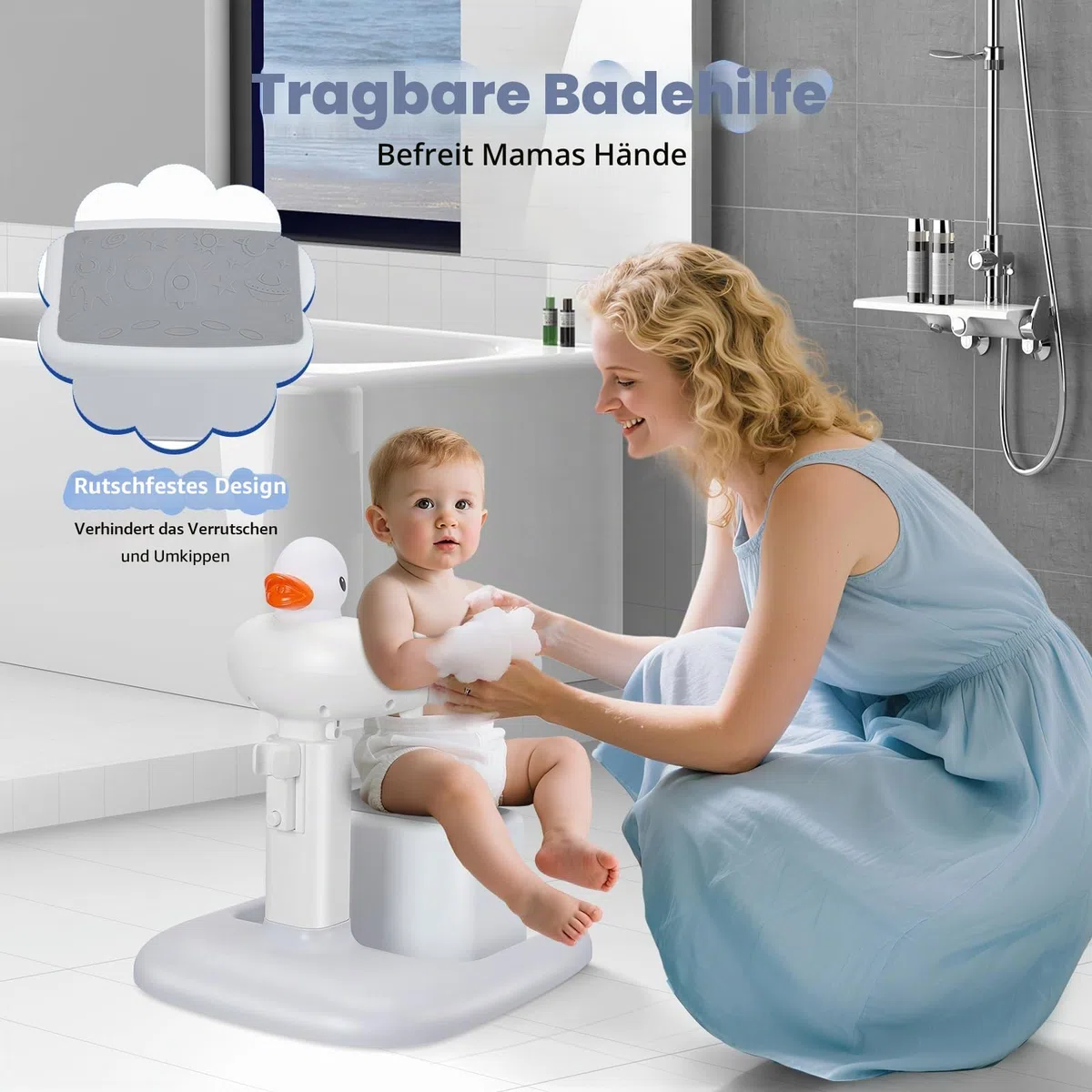 Baby Dusche Ständer mit Duschhalterung Klemmschutz, Einstellbarer (Ente) | Einfache Installation, mit Duschsitz & Antirutsch-Basis, für 6–36 Monate, Ideal als Babyduschständer und Babygeschenk
