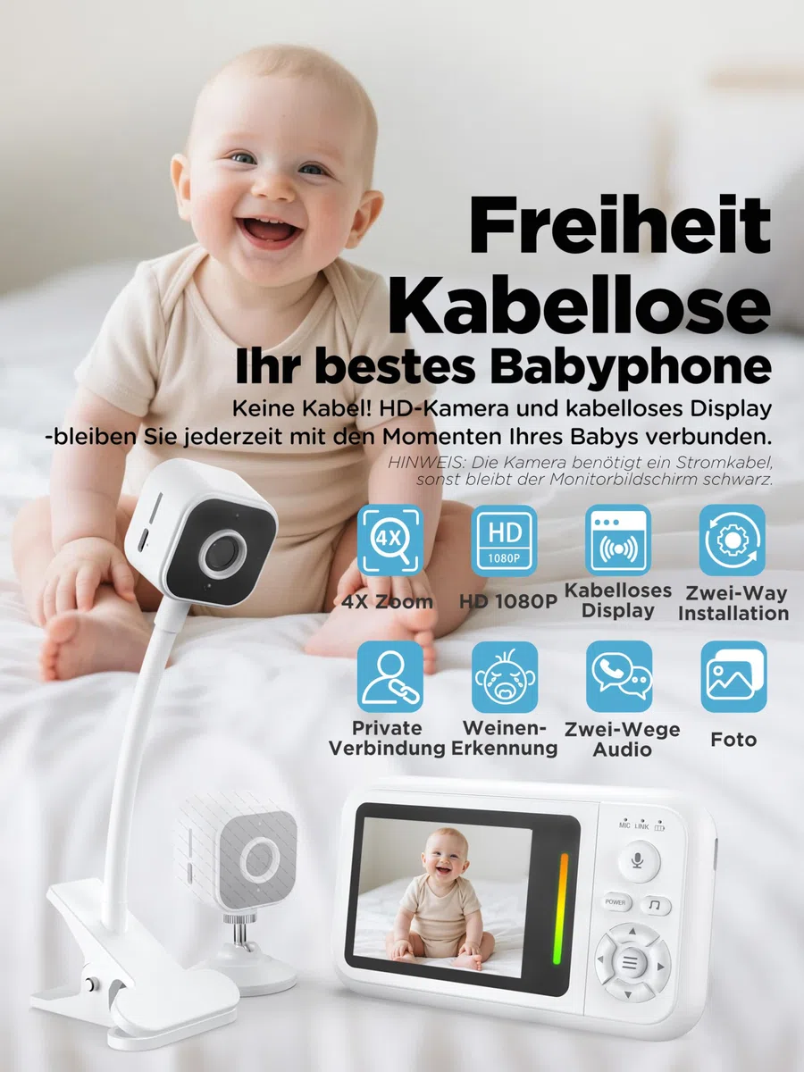 NUOTUN Babyphone mit Kamera Ohne WLAN, Tragbares Baby Kamera mit Halterung | Zwei-Wege-Audio, Sichere 2,4GHz, Nachtsicht, VOX-Modus, Temperatursensor, 4X Zoom, Timer, Schlaflieder
