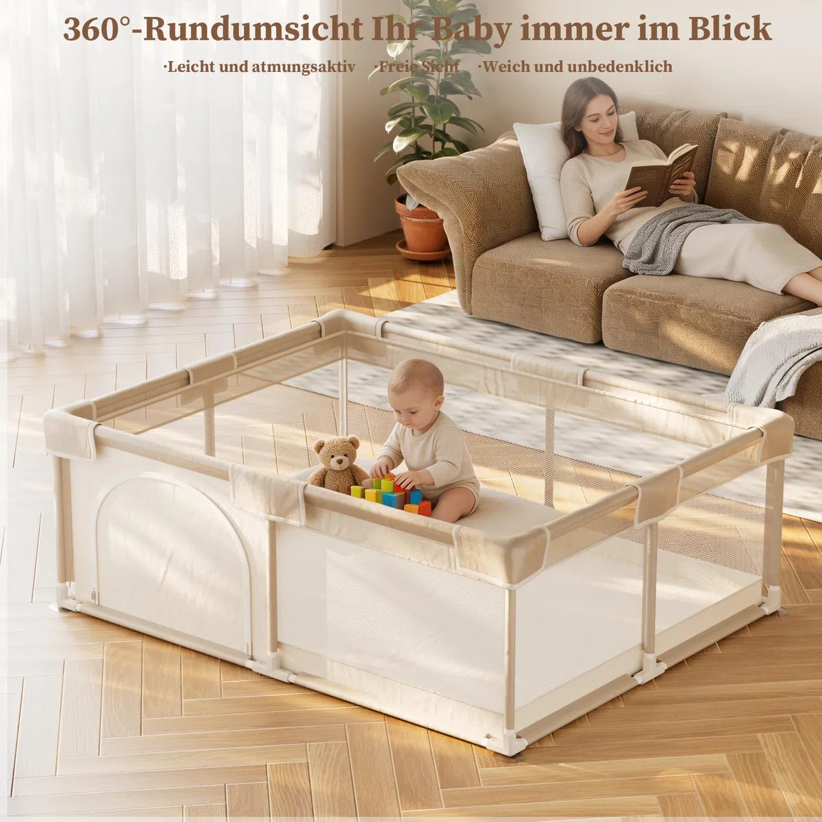 Koonmi Großes Laufstall Baby 150x180 cm Faltbarer Laufgitter mit atmungsaktivem Netz, Stoff & Saugnäpfen – für Babys & Kleinkinder, zusammenklappbarer Spielkäfig für Innen und Außen – Beige