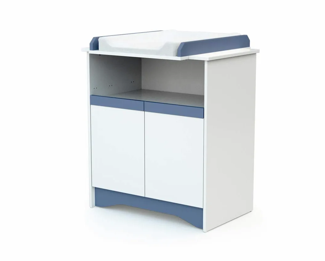 AT4 - COTILLON Wickelkommode Weiß und Blau | 2 Türen, 1 COTILLON-Nische aus Holz | Abnehmbares Wickelbrett im Lieferumfang enthalten