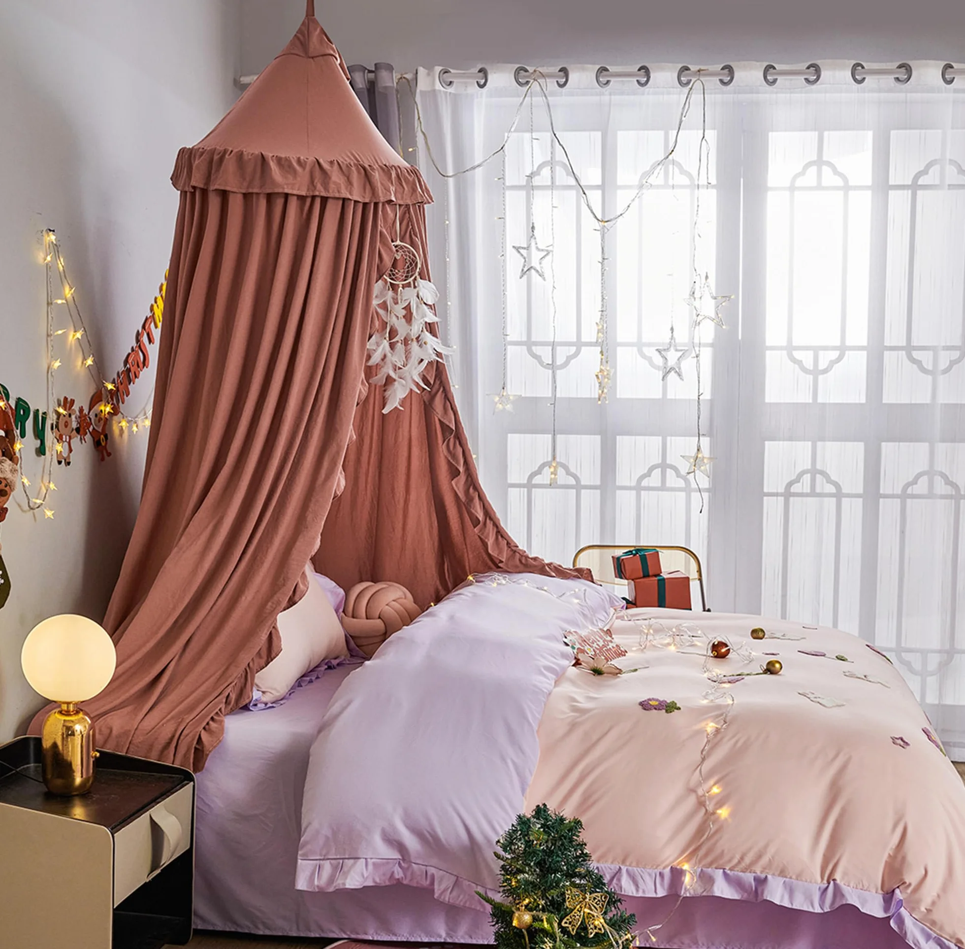 Betthimmel für Mädchen Prinzessin Runder Kuppel Träumendes Moskitonetz Bettwäsche Mädchenzimmer Schloss Spielzelt Hängendes Haus Dekor Leseecke Baldachine(Bohnenpaste rot)