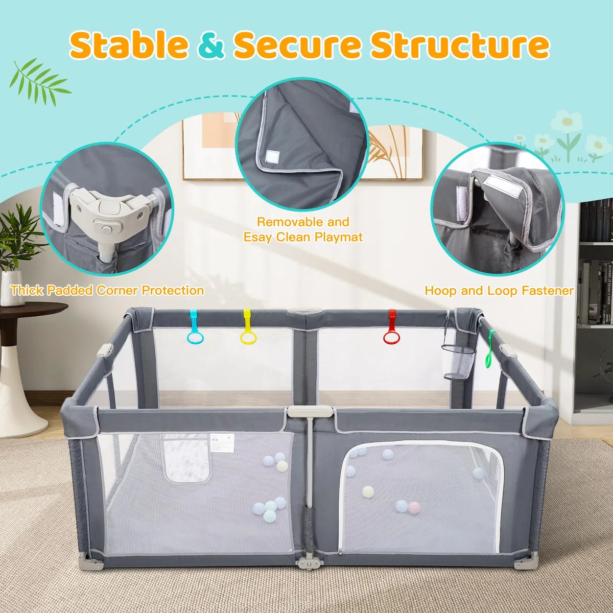 CHOLY faltbarer Baby-Laufstall mit Matte, Laufstall für Babys Kleinkinder | tragbarer Spielplatz mit Ozeanbällen, schnell aufbaubarer Kinderzaun mit Reisetasche (grau, 180*150 cm)