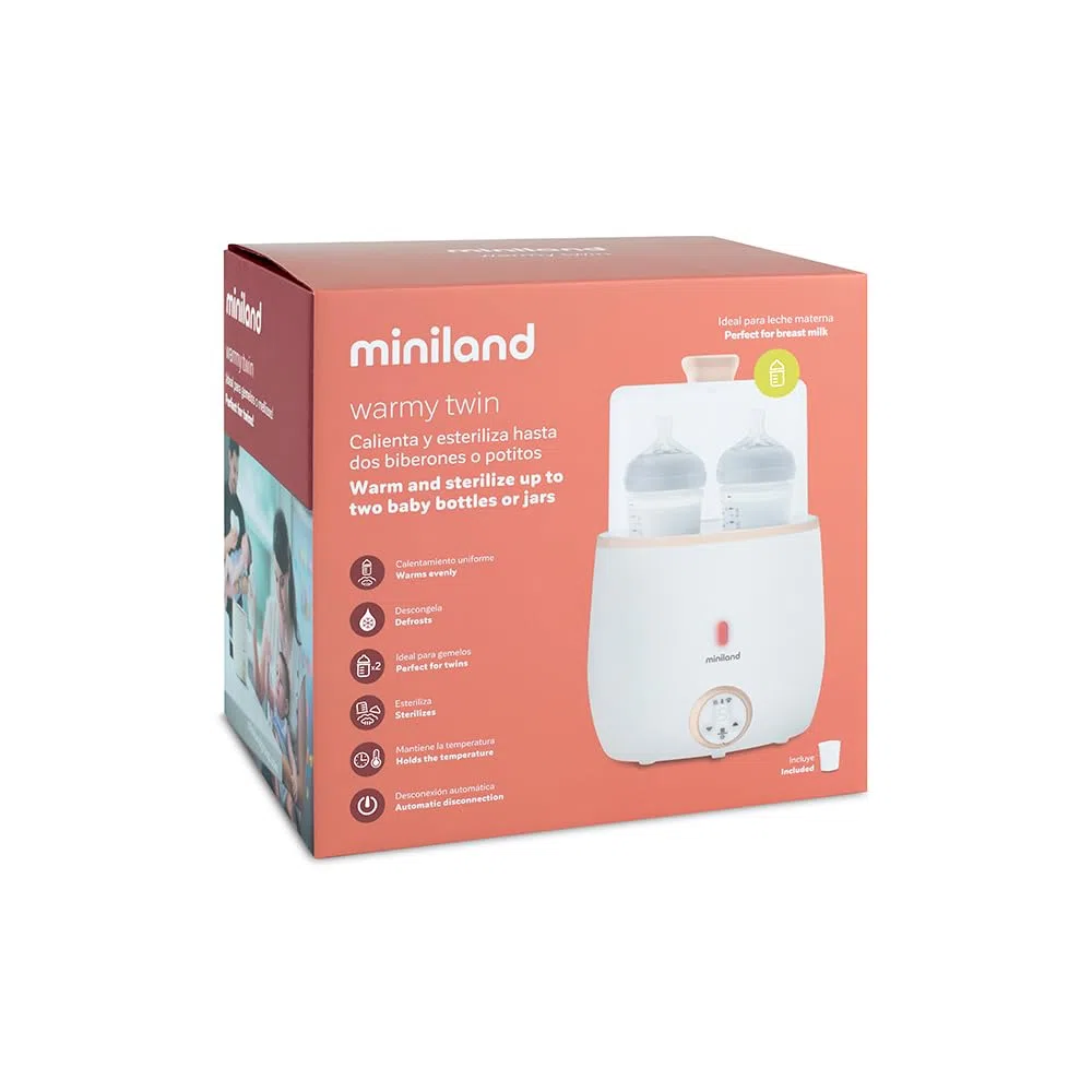 Miniland Warmy Twin Babyflaschen- und Sterilisator, 2-in-1 Schnellerwärmung für Babynahrung, mit Digitalanzeige, präzise Temperaturregelung für Muttermilch (Beige)