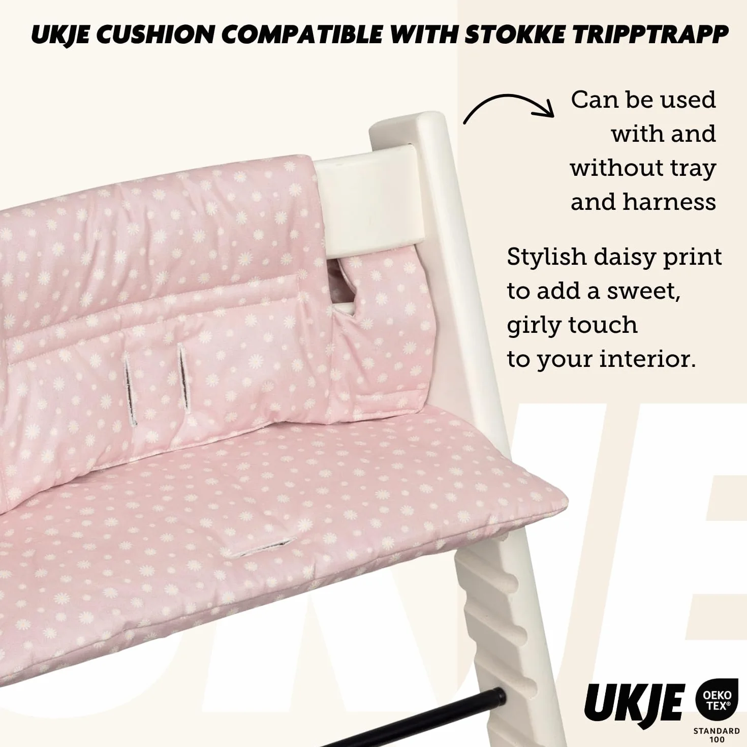 Ukje | Sitzkissen kompatibel mit Stokke Tripp Trapp Hochstuhl | Abwaschbar | Viele Farben & Muster | Kissen Polster Sitzauflage | Extra dick gefüttert | Sitzverkleinerer | Rosa Daisy