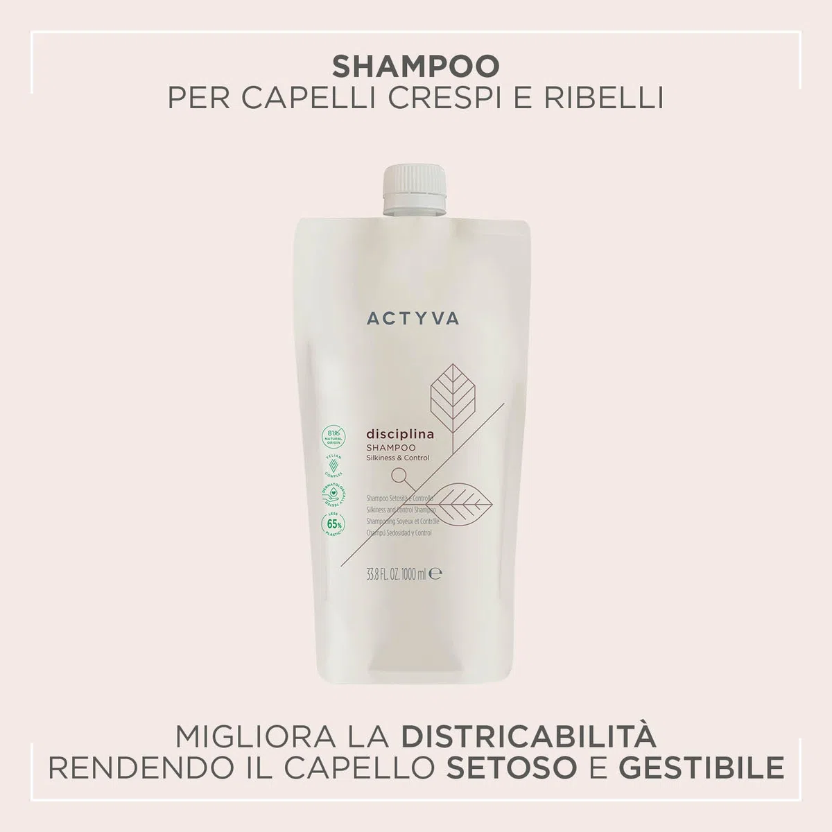 Actyva - Disciplina Shampoo, feuchtigkeitsspendend und entwirrend für krauses Haar, mit Hyaluronsäure und Mandelöl, Seideneffekt - 1000 ml