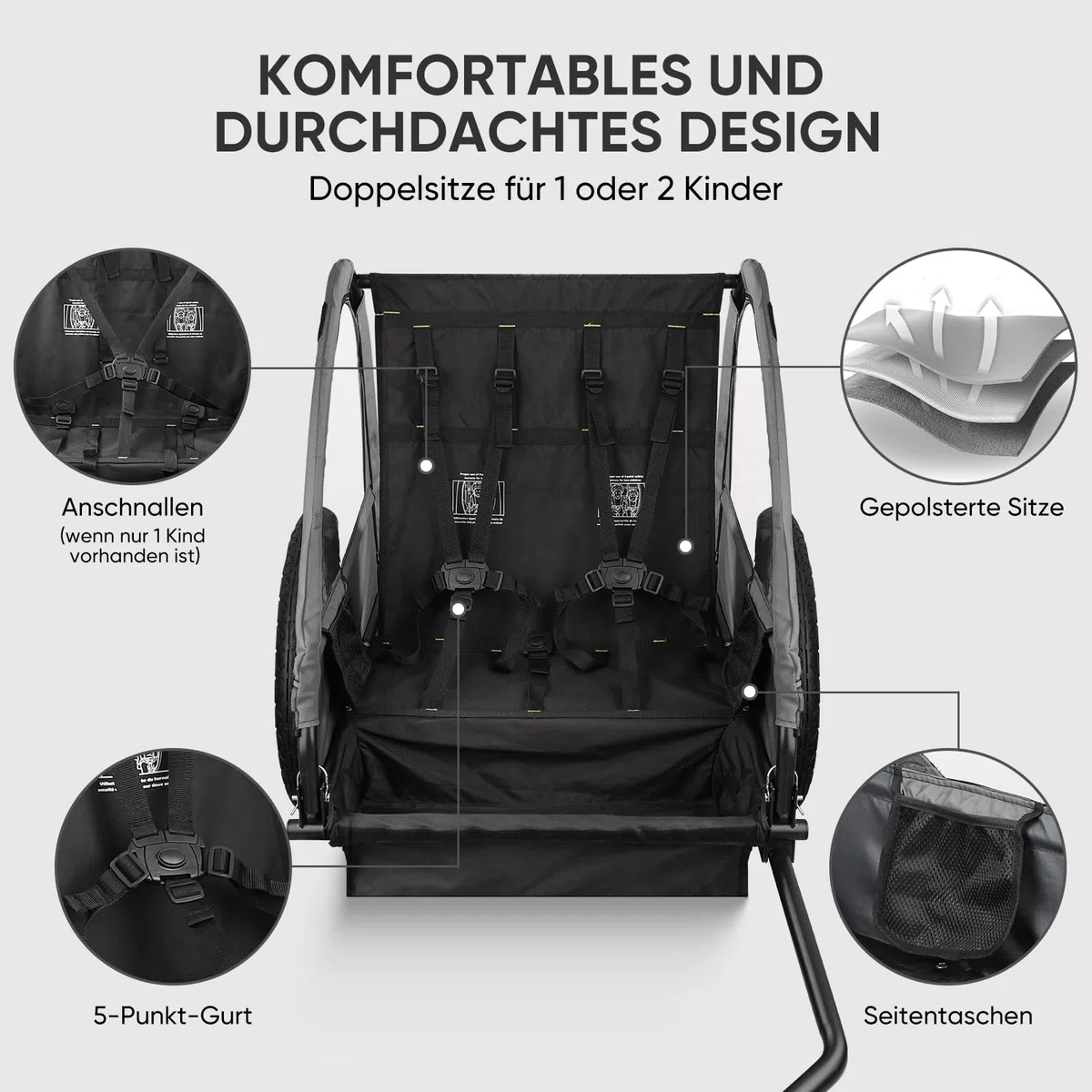 SEPNINE Kinderanhänger für Fahrrad, Fahrradanhänger für 1-2 Kinder, mit 5-Punkt-Sicherheitsgurt, Luftreifen, Handbremse, Faltbar, Max. 40 kg (Grau)
