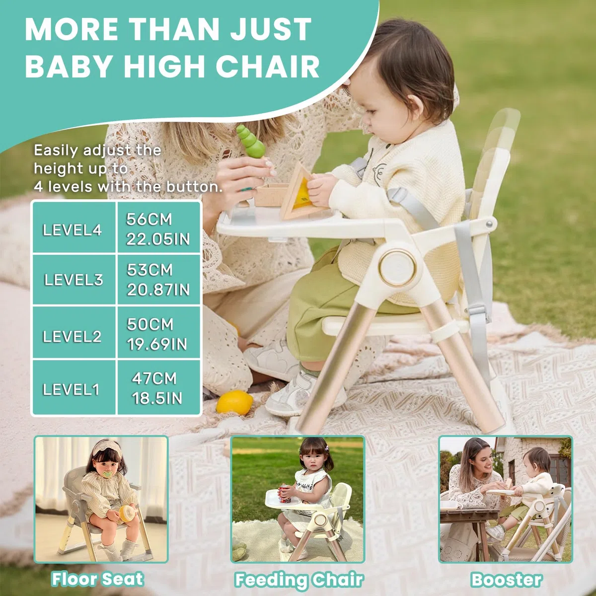 UBRAVOO 3-in-1 Kindersitzerhöhung Esszimmerstuhl, Verstellbarer, Faltbarer Hochstuhl mit Doppelteller, Umbaubarer Hochstuhl für Babys ab 6 Monaten mit Ess- und Spielfunktion (Beige)