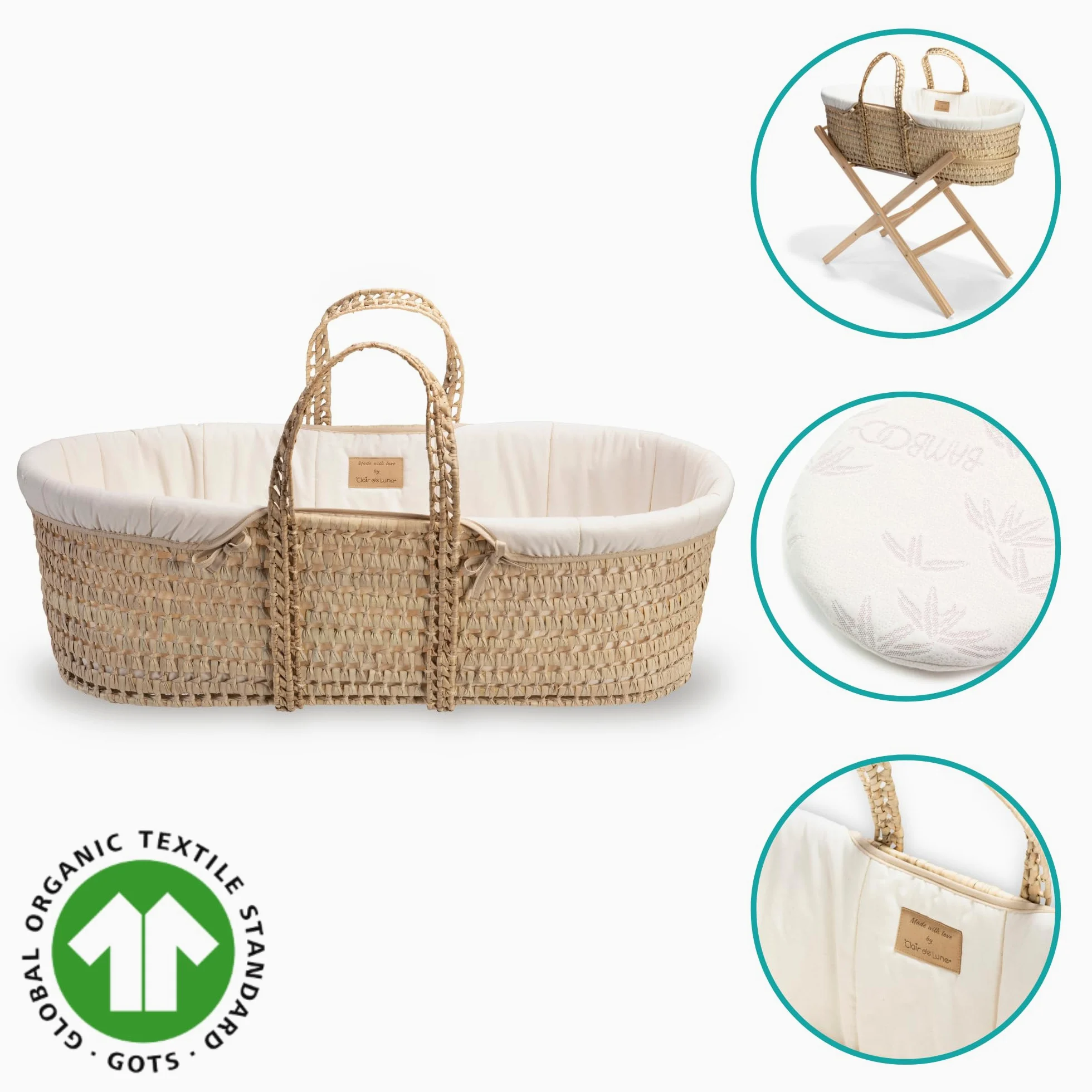Clair de Lune Bio-Palmen-Moseskorb, Gold-Preisträger, kommt mit Bio-Kompresse, natürlicher Bambus-Matratze und weichem Baby-Betttuch, 75 x 28 cm (Naturcreme)
