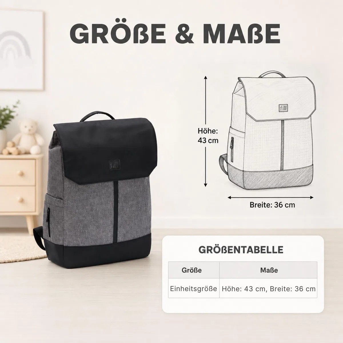 FILL Baby Wickelrucksack Exklusiv | Grosse Wickeltasche Mama Rucksack mit Flaschenwärmer und Wickelunterlage | Babyreisetasche Reisetasche für Unterwegs | Multifunktionale Babytasche