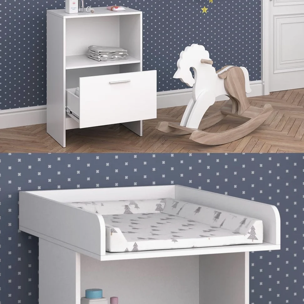 Vicco Wickelkommode Leo, Weiß, 60 x 103 cm | mit Schublade, mit offenem Regal für schnellen Zugriff auf Pflegeutensilien