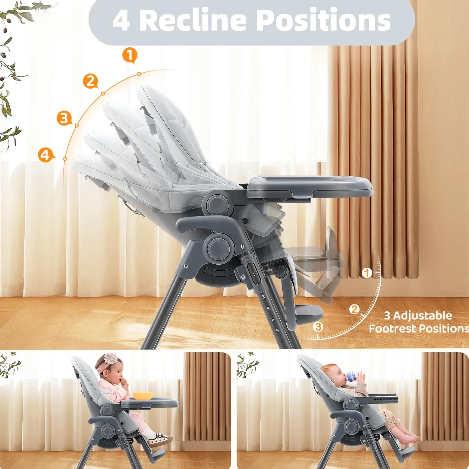 Baby Hochstuhl Klappbar & Höhenverstellbar, Komfort Kinderhochstuhl mit Liegefunktion, Faltbarer Hochstuhl mit Tablett, 5-Punkt-Gurt & Rollen, Platzsparend (Grau)