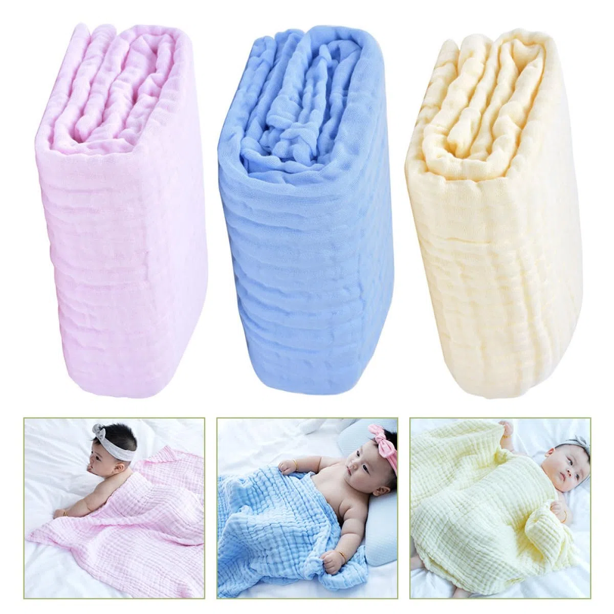 3 Stück Babydecke aus Baumwolle Puckdecke für Drinnen und Draußen Leicht und Komfortabel für Babys