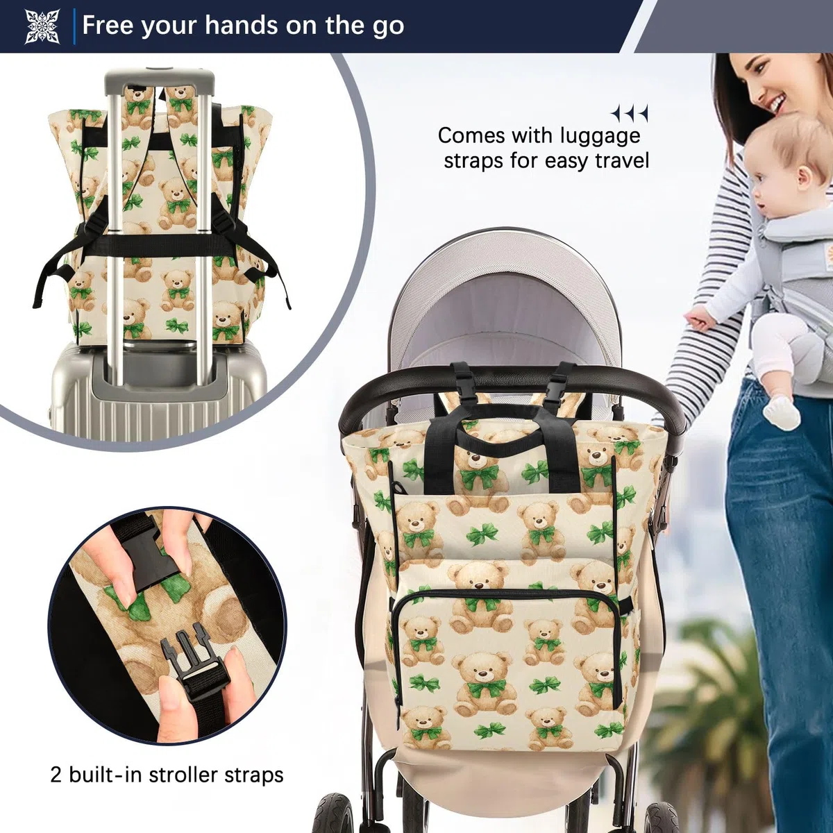 Mnsruu Baby-Wickeltasche mit Schleife, Teddybär-Muster, große Tasche, wasserdicht, Reise-Wickeltaschen für Mütter und Väter