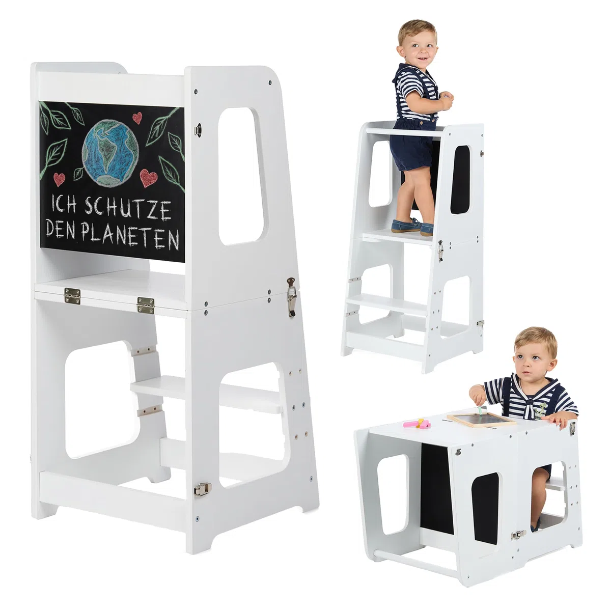 Montessori Lernturm ab 1 Jahr Klappbar Groß– 2-in-1 Premium Learning Tower & Tisch – Lernturm klappbar, Nachhaltiges Unternehmen, höhenverstellbare Stufe, Innovatives (weiß)