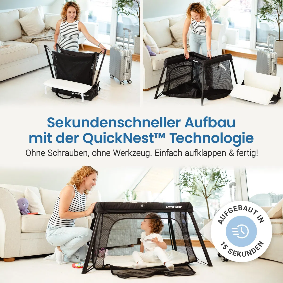 Reisebett Baby mit Matratze & Rucksack – in 15 Sek. aufgebaut – 6 kg leicht – kompakt faltbar für Reisen, Besuche & Zuhause – 0-3 Jahre – EN 716 geprüft