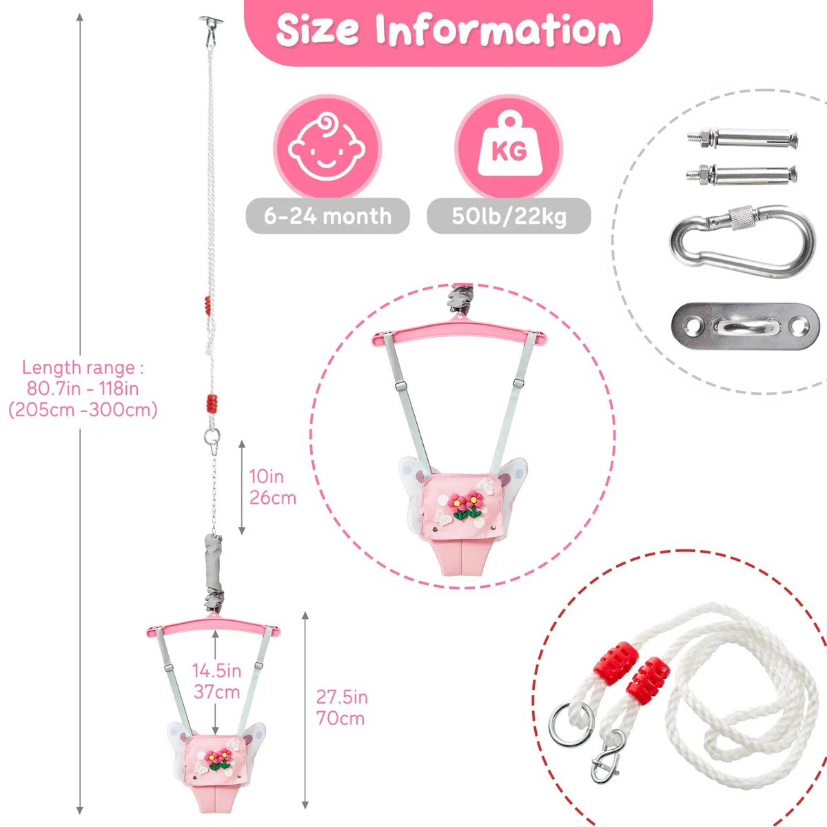 FUNLIO Baby Jumper mit Deckenhaken für 6–24 Monate, Türhopser für Babys für drinnen und draußen, Baby Jumper mit verstellbarer Kette, leicht zu montieren und zu verstauen – Rosa Schmetterling