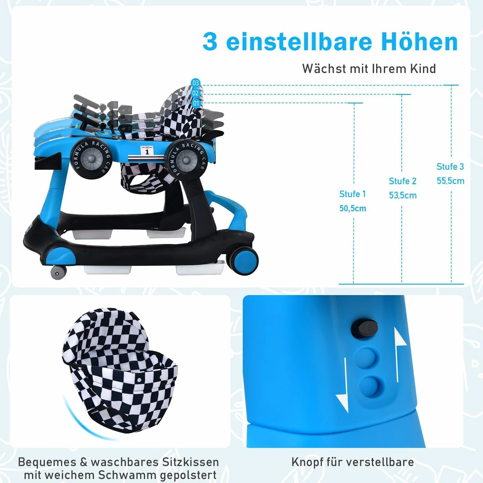 COSTWAY 4 in 1 Lauflernhilfe, Lauflernwagen klappbar mit einstellbarer Höhe & Geschwindigkeit, Baby Walker Autoförmig mit Musikbox, Licht & Rädern, Gehfrei Baby ab 6 Monaten, 12kg Belastbar (Blau)
