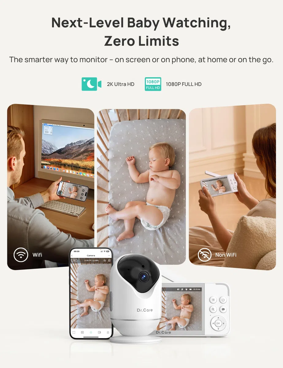 Dr.Care VistaView Smart WLAN Babyphone mit 2 Kameras, 5” 1080P HD, 2K Kamera, App-Steuerung, Bewegungs- & Weinen-Alarm, Nachtsicht, 5000mAh, Zwei-Wege-Audio, 390m Reichweite